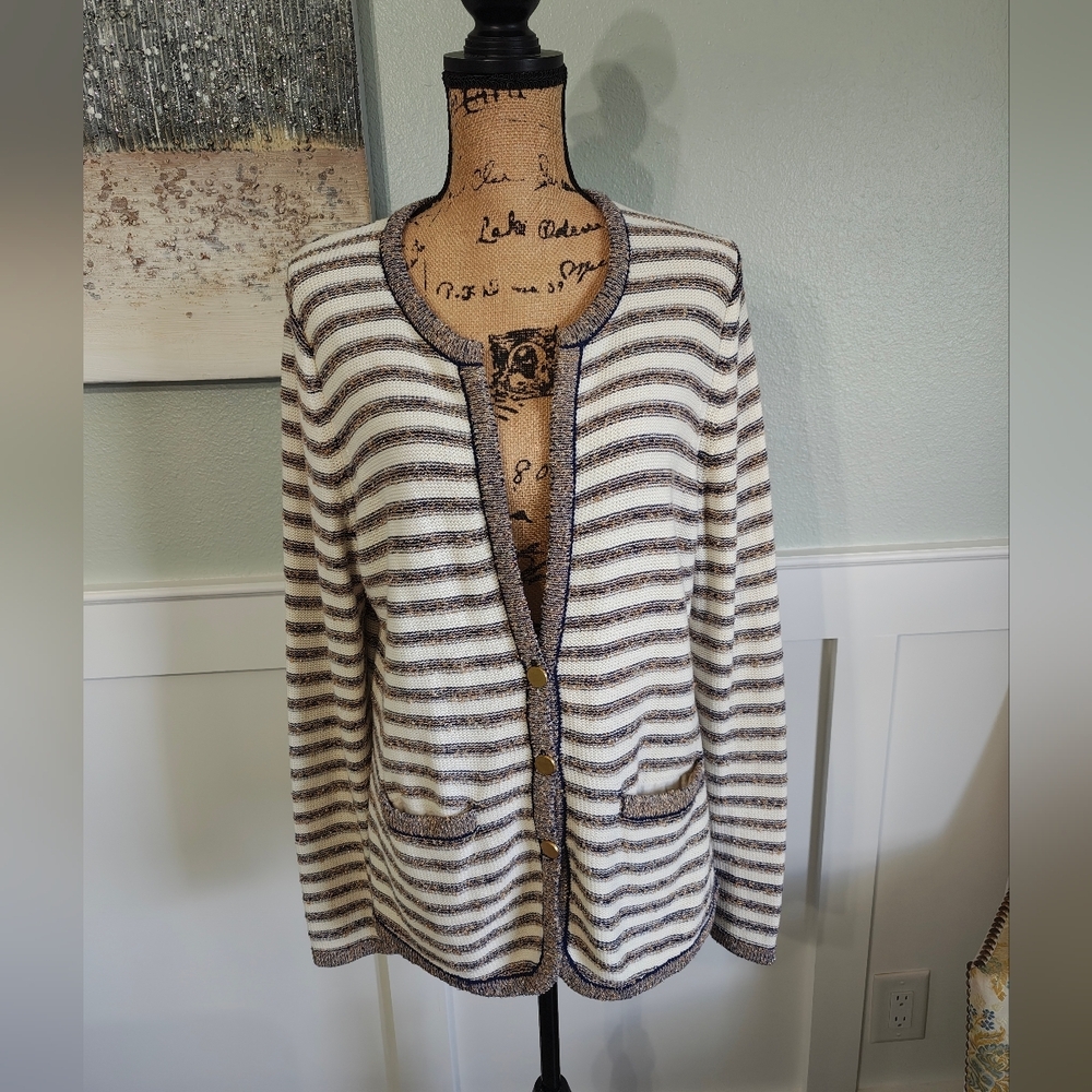 Banana Republic Striped Navy And White Cardigan Gold Foil Thread
